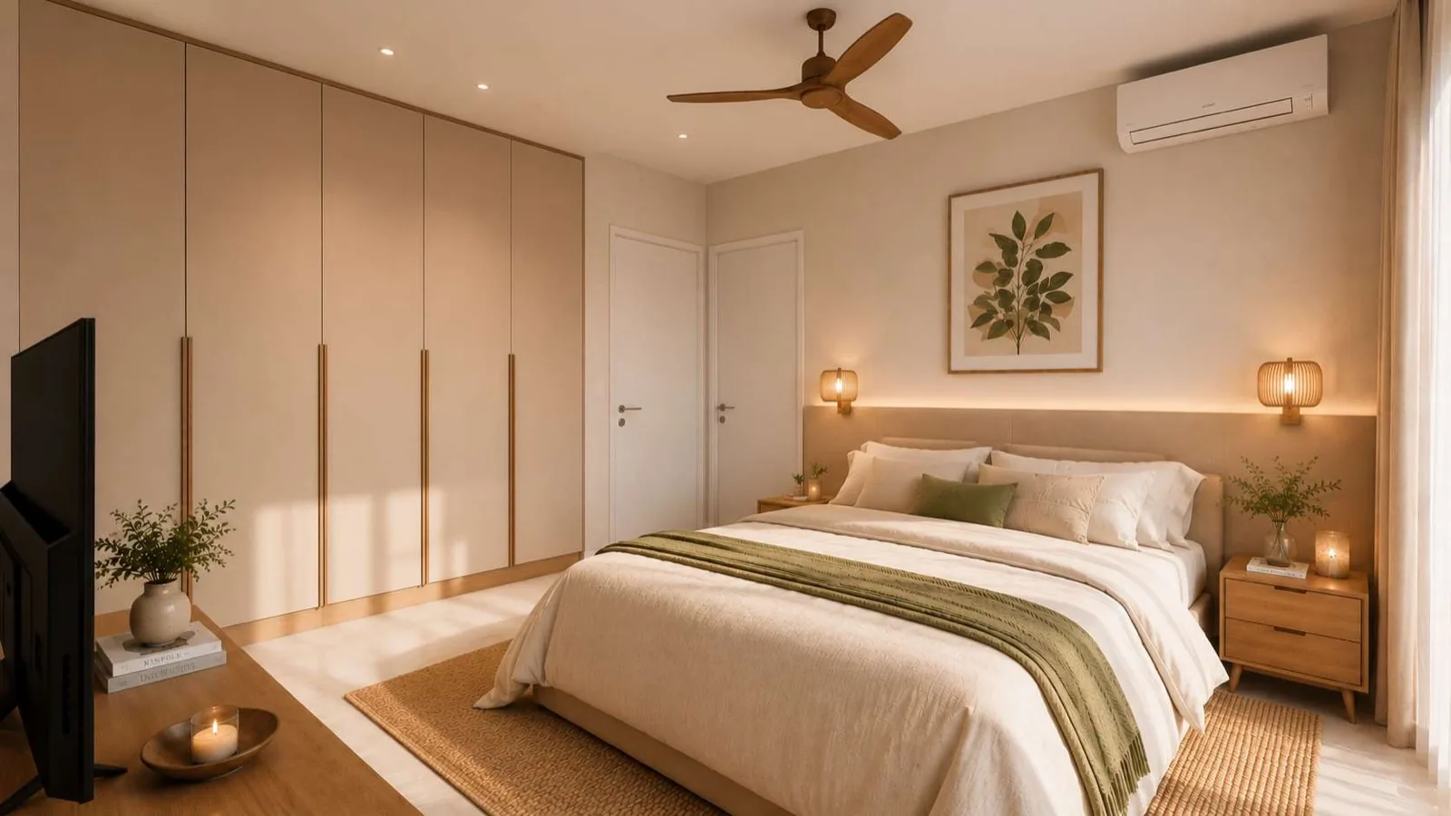 Interior design render of a typical Anna City bedroom with full-height fitted wardrobes, a timber headboard wall and bedside lighting