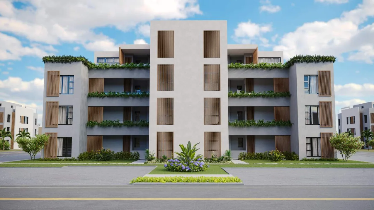 Architectural render of an Anna City apartment block: a white contemporary building with timber-screened balconies and planted terraces