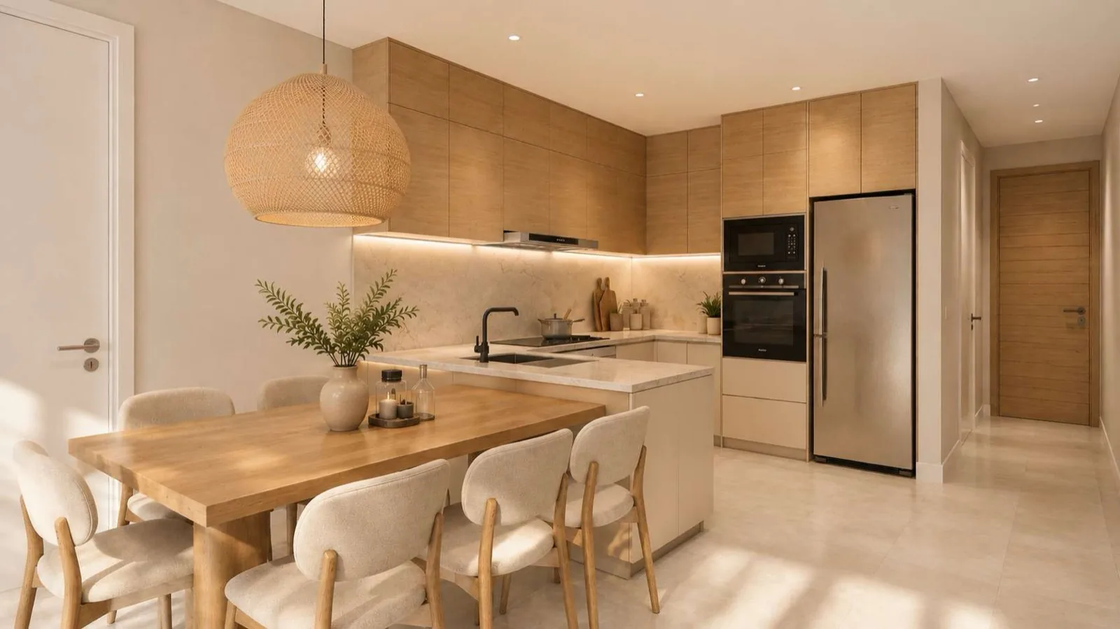 Interior render of an Anna City kitchen and dining area with oak cabinetry, a stone worktop and a rattan pendant light