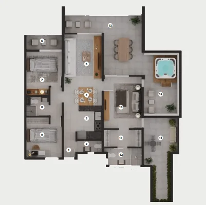 Floor plan of an Anna City penthouse, showing three bedrooms, an open kitchen and living area and a wraparound terrace with a jacuzzi