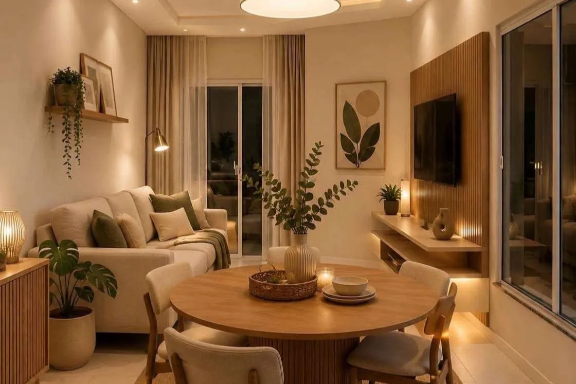 Interior render of an Anna City two-bedroom apartment living and dining area with a round timber dining table and a sofa