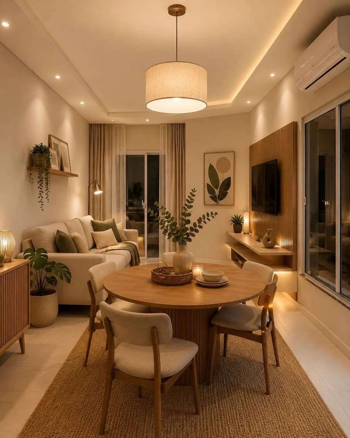 Interior design render of a two-bedroom apartment living and dining area with a round dining table, sofa and timber media wall