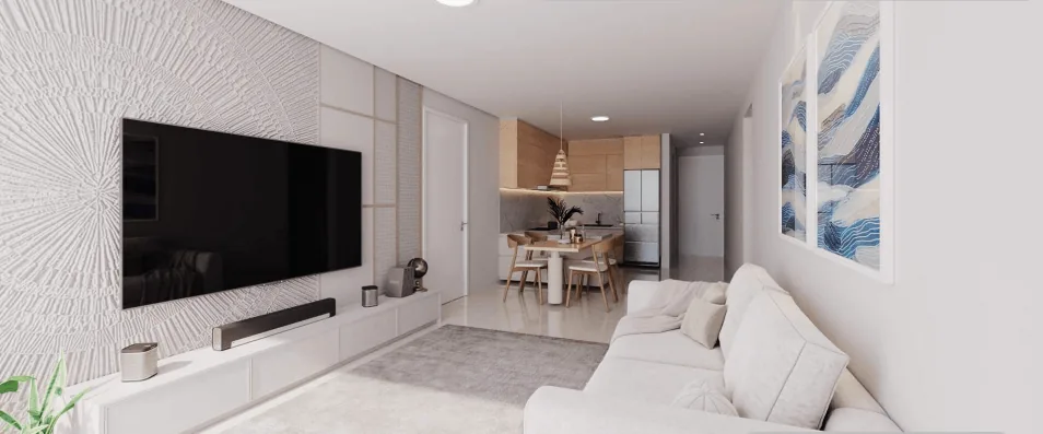 Interior render of an Anna City penthouse living room with an open kitchen and dining area