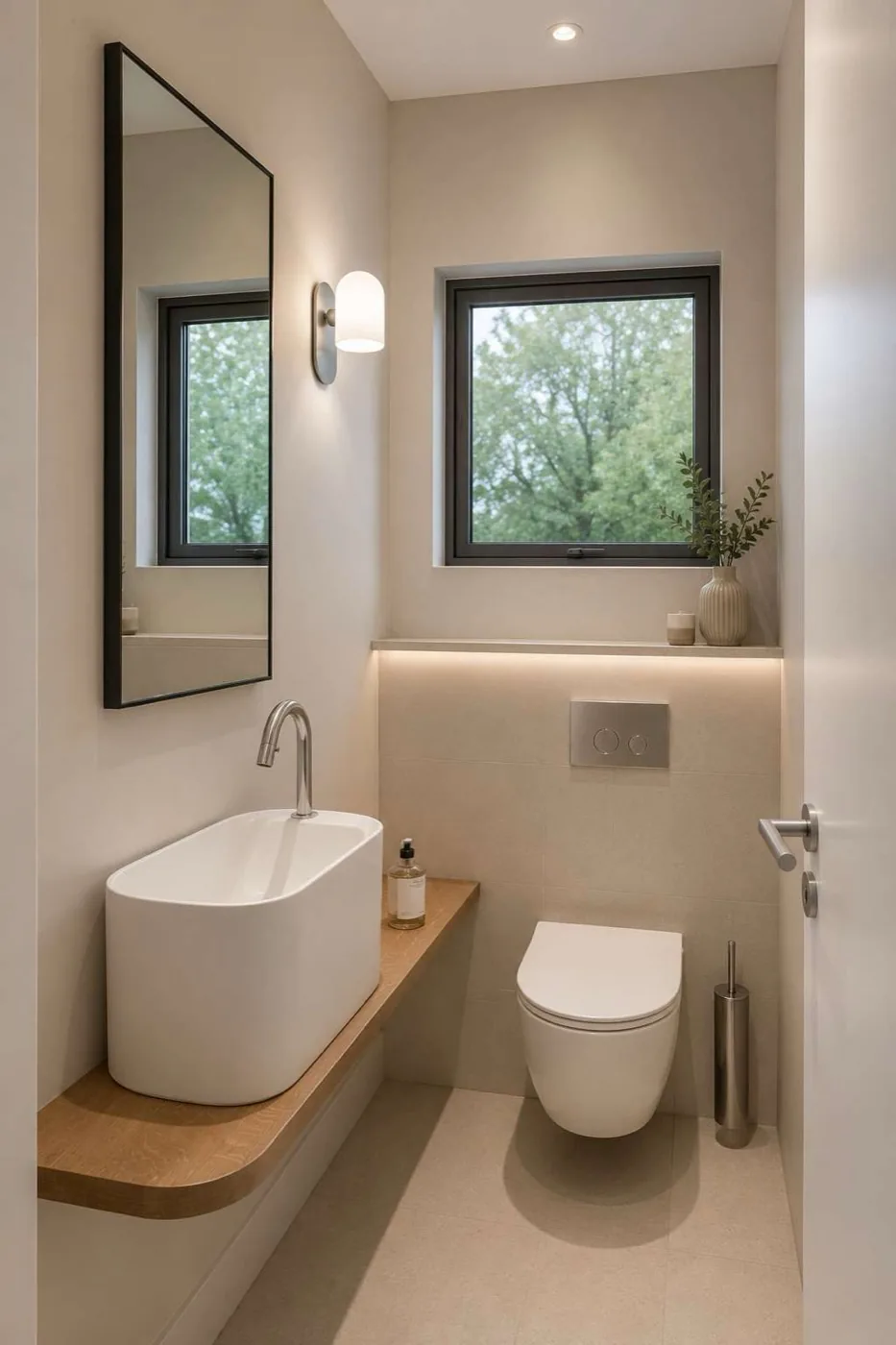 Alternative interior design render of an Anna City powder room with a floating timber shelf basin, a slim black-framed mirror and a wall light