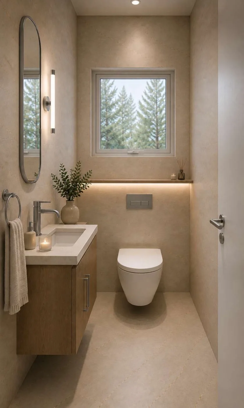 Interior design render of an Anna City powder room with a timber vanity unit, an oval mirror, a wall-hung WC and a window looking out to trees