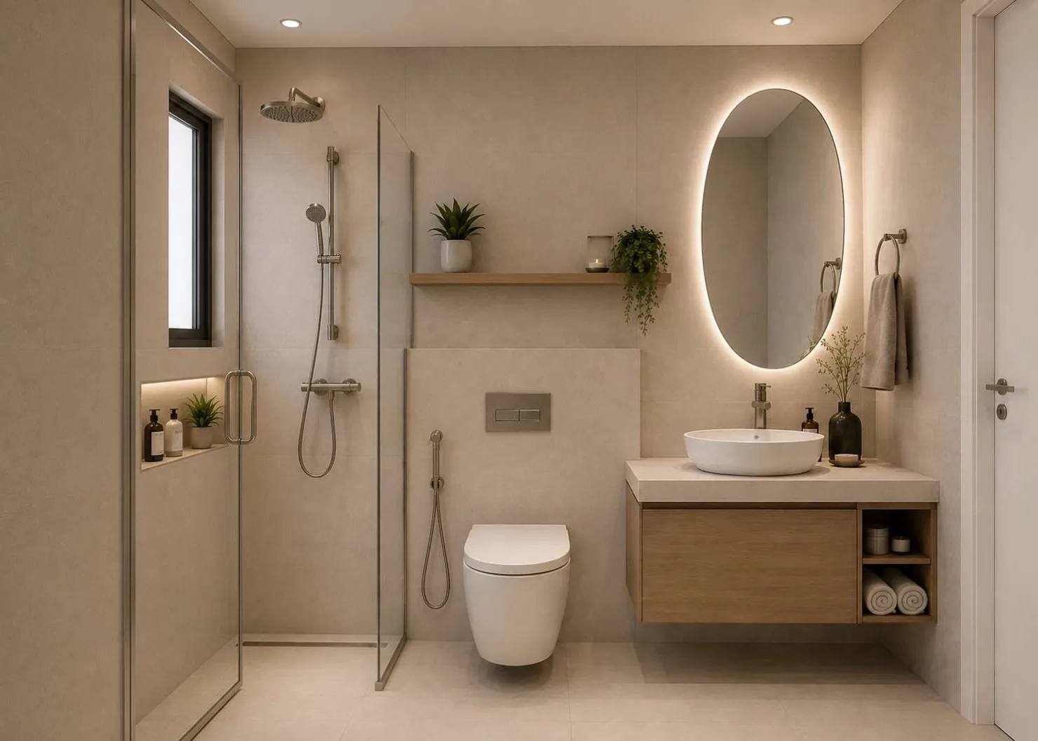 Interior design render of a typical Anna City shower room with a walk-in shower, a backlit oval mirror and a timber vanity unit