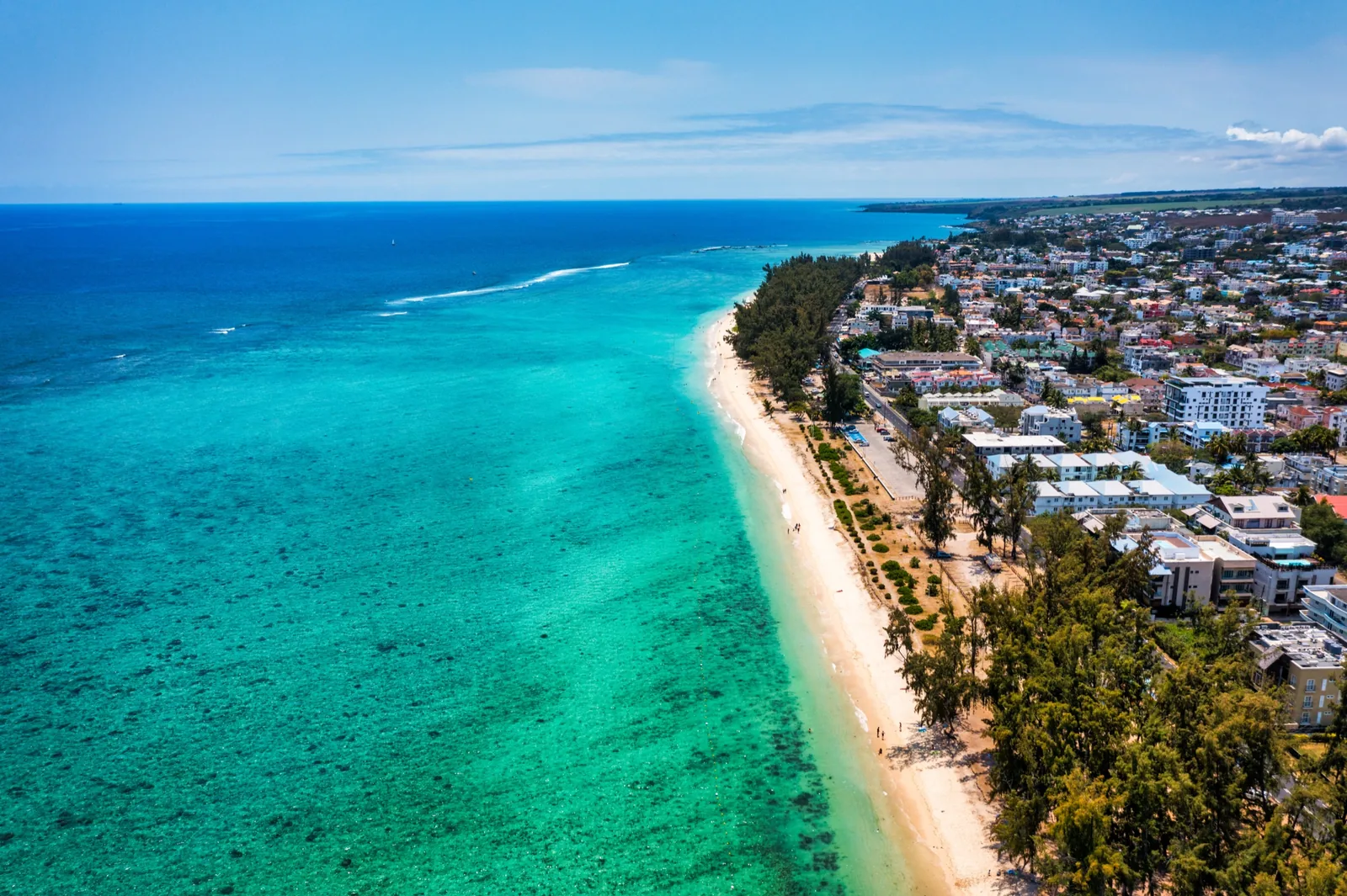Aerial view of the Flic en Flac coastline, reef and lagoon